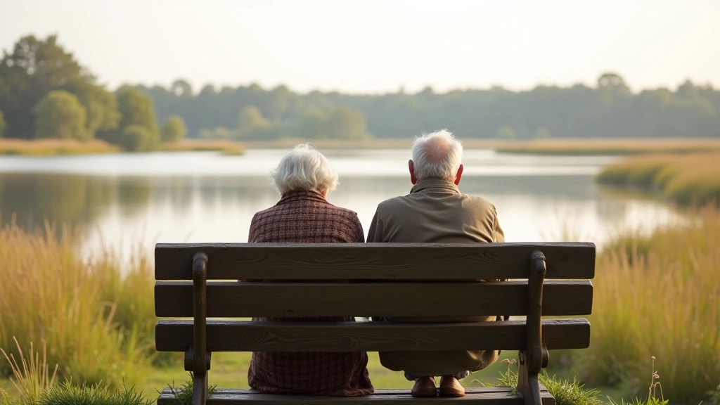 Divi pensionāri sēž uz koka novērošanas platformas, skatoties uz zaļiem pūļiem